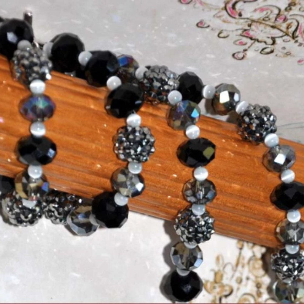 Handmade Black Rhinestone Beaded Necklace Elegant Silver Luster Beads  29 Inch